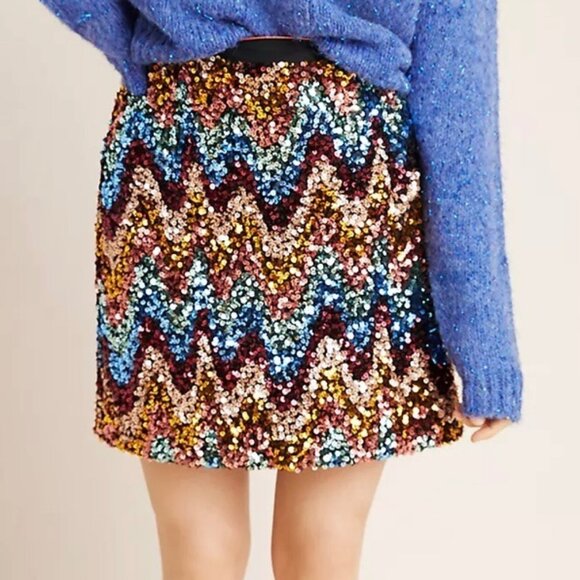 New Anthropologie MAEVE 6 Skirt Sequin Multicolor Zig Zag Chevron Party - Picture 1 of 16